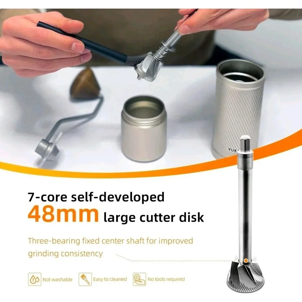 YUKAOFES Manual Coffee Grinder 48mm 7-Core Conical Burr Hand‎ Crank Mill Silver